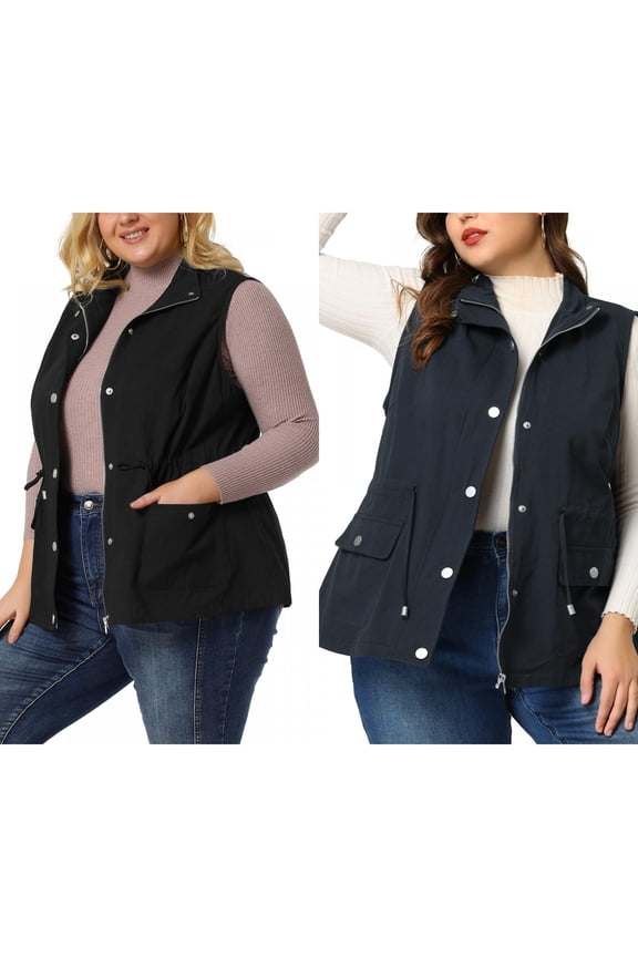 Women's Plus Size Cargo Pocket Drawstring Waist Vest Jacket