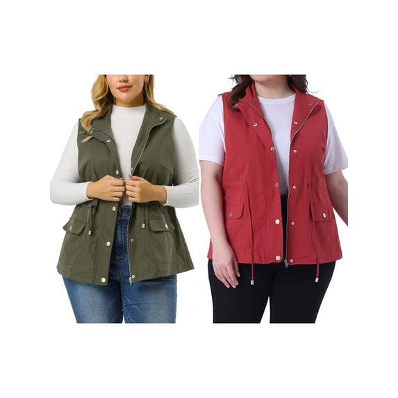 NOMADIC NOOK Women's Plus Size Cargo Pocket Drawstring Waist Vest Jacket