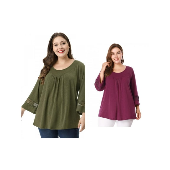 NOMADIC NOOK Women's Plus Size Crochet Panel Tops Long Sleeve Hollow Ruched Front Blouses