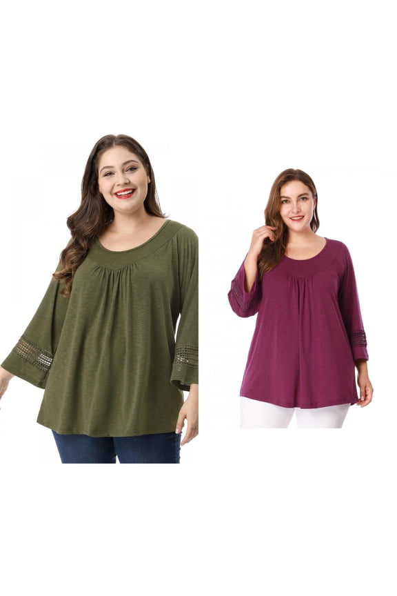Women's Plus Size Crochet Panel Tops Long Sleeve Hollow Ruched Front Blouses