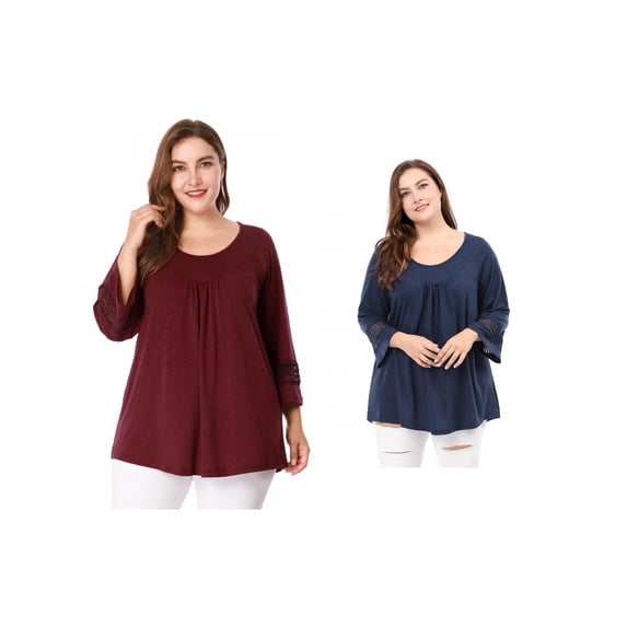 NOMADIC NOOK Women's Plus Size Crochet Panel Tops Long Sleeve Hollow Ruched Front Blouses