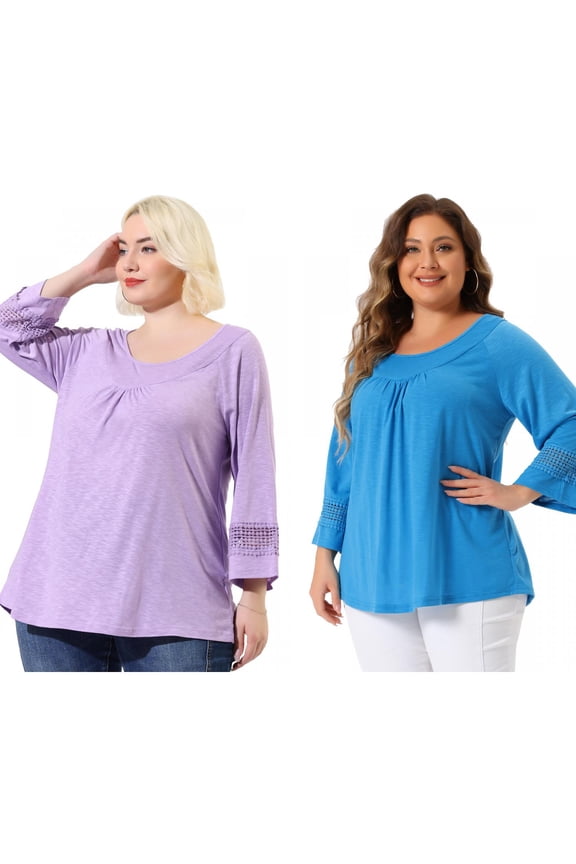 Women's Plus Size Crochet Panel Tops Long Sleeve Hollow Ruched Front Blouses
