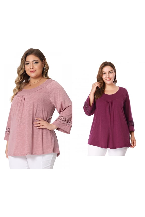 Women's Plus Size Crochet Panel Tops Long Sleeve Hollow Ruched Front Blouses