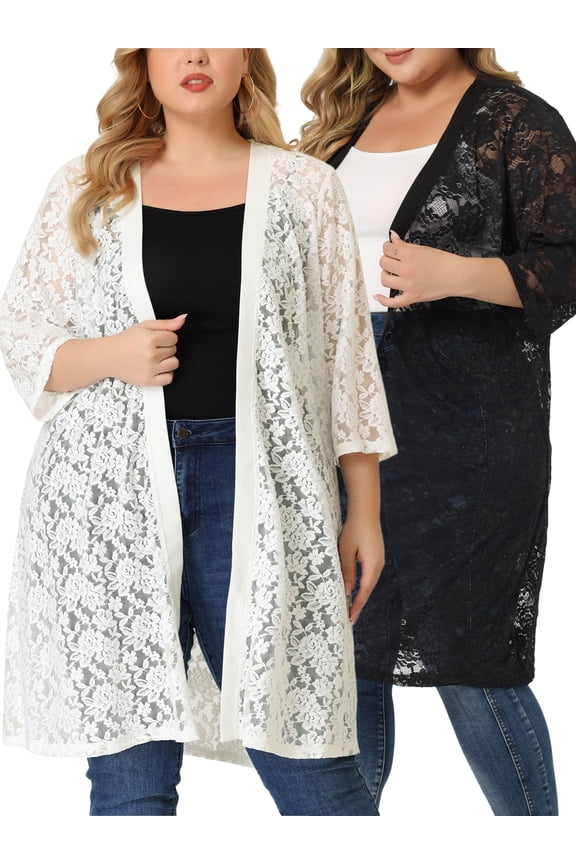 Women's Plus Size Hollow Out Fall Open Front Lace Midi Packs Cardigan