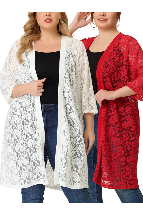 Women's Plus Size Hollow Out Fall Open Front Lace Midi Packs Cardigan