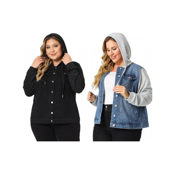 NOMADIC NOOK Women's Plus Size Layered Drawstring Hood Denim Jacket with Pockets