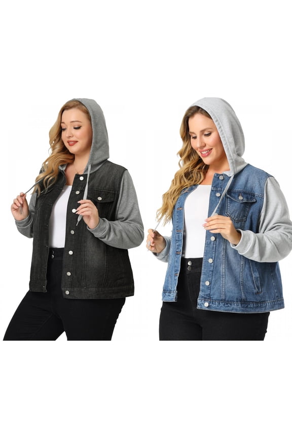 Women's Plus Size Layered Drawstring Hood Denim Jacket with Pockets