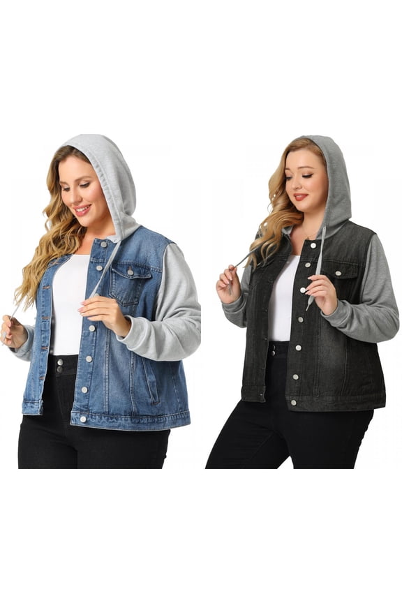 Women's Plus Size Layered Drawstring Hood Denim Jacket with Pockets