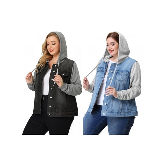NOMADIC NOOK Women's Plus Size Layered Drawstring Hood Denim Jacket with Pockets