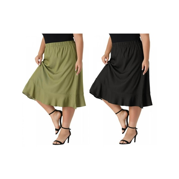 NOMADIC NOOK Women's Plus Size Midi Skirt Elastic Waist Tiered Pleated Ruffle Hem Chambray Skirts