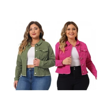 NOMADIC NOOK Women's Plus Size Outfits Classic Washed Front Frayed Denim Jacket 2 PCS