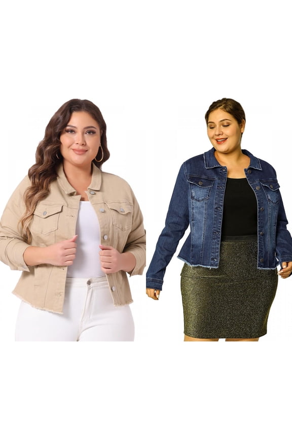 Women's Plus Size Outfits Classic Washed Front Frayed Denim Jacket 2 PCS