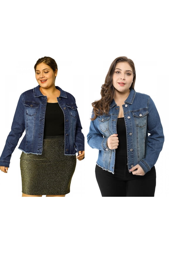 Women's Plus Size Outfits Classic Washed Front Frayed Denim Jacket 2 PCS