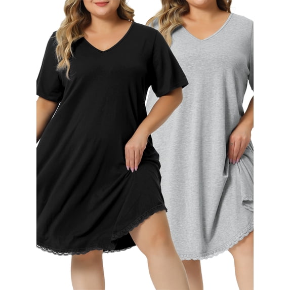 NOMADIC NOOK Women's Plus Size Pajama V Neck Lace Trim Hem Loose Packs Sleepwear