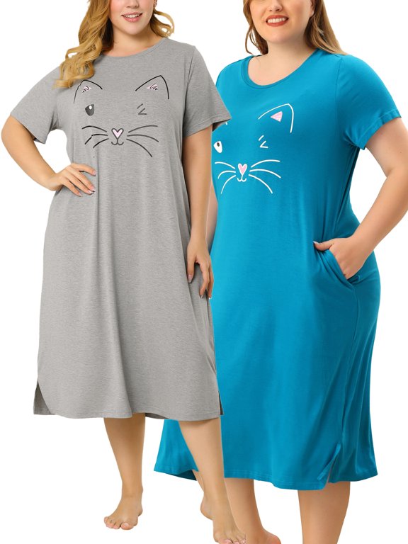 Women's Plus Size Pajamas Cute Cat Print Side Pocket Comfy Packs Nightgown
