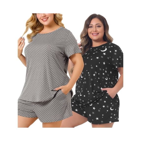 NOMADIC NOOK Women's Plus Size Polka Dots Short Sleeve Nightwear 2 Packs Pajamas Sets Black/Gray 2X
