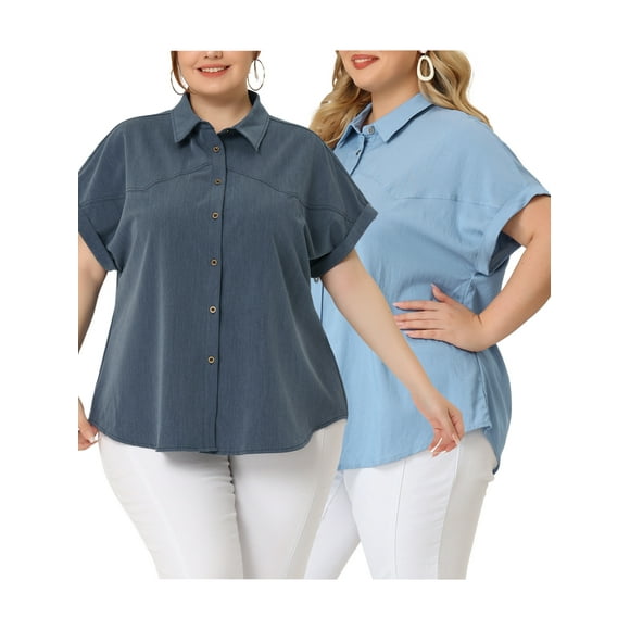NOMADIC NOOK Women's Plus Size Shirt Short Sleeve Button Down Chambray Casual Packs Shirts