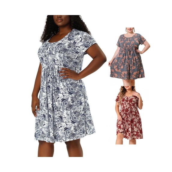 NOMADIC NOOK Women's Plus Size Short Sleeve Casual Comfortable Babydoll Pleatd Floral Midi Dress Burgundy/Navy Blue/Pink 1X