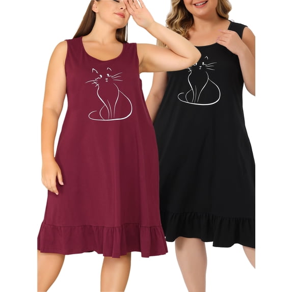 NOMADIC NOOK Women's Plus Size Sleepdress Sleeveless Comfy Lovely Cat 2 Packs Nightdress