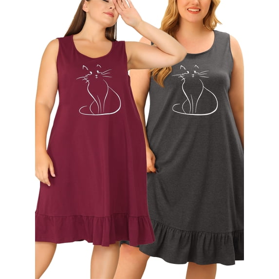 NOMADIC NOOK Women's Plus Size Sleepdress Sleeveless Comfy Lovely Cat 2 Packs Nightdress