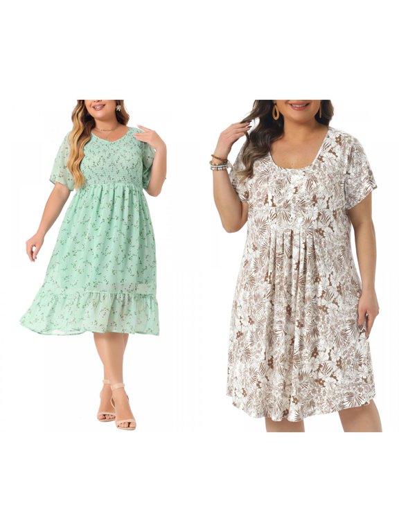 Women's Plus Size Smocked Dresses and Round Neck Short Sleeves Floral Pleated Summer Midi Dress 3X Light Green/Brown