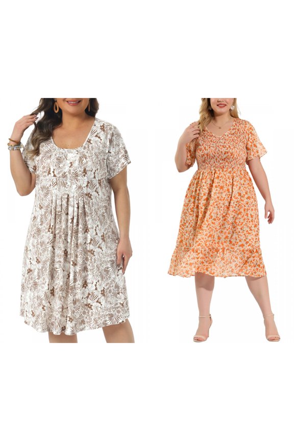 Women's Plus Size Smocked Dresses and Round Neck Short Sleeves Floral Pleated Summer Midi Dress 4X White/Brown