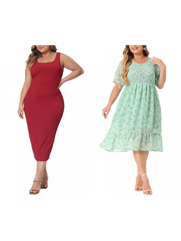 Women's Plus Size Smocked Dresses and Summer Sleeveless Square Neck Bodycon Cocktail Sundress Tank Dress 3X Light Green/Burgundy