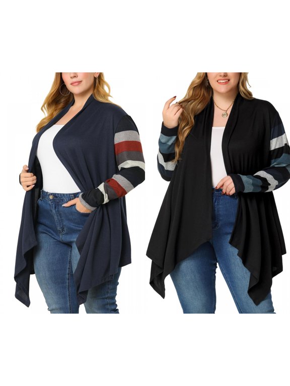 Women's Plus Size Stripe Print Open Front Long Sleeve Knit Cardigan 2 PCS