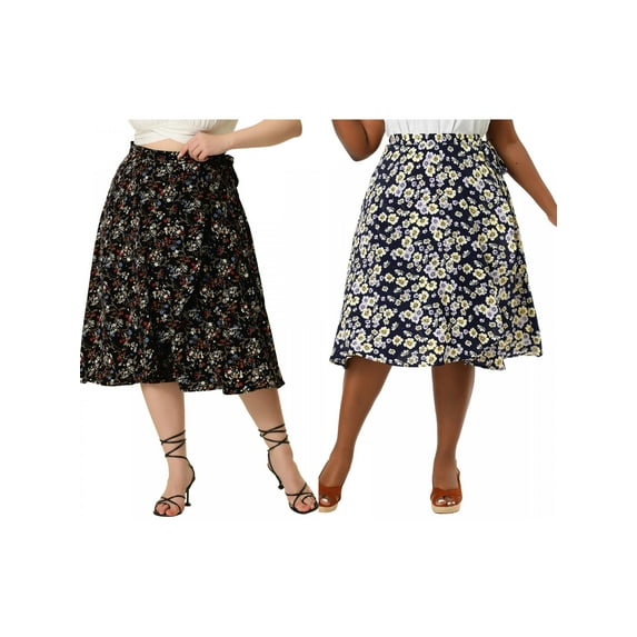 NOMADIC NOOK Women's Plus Size Summer Camping Floral A Line Chic Ruffled Hem Wrap Midi Skirt