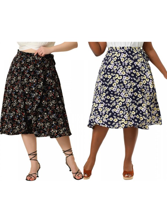 Women's Plus Size Summer Camping Floral A Line Chic Ruffled Hem Wrap Midi Skirt