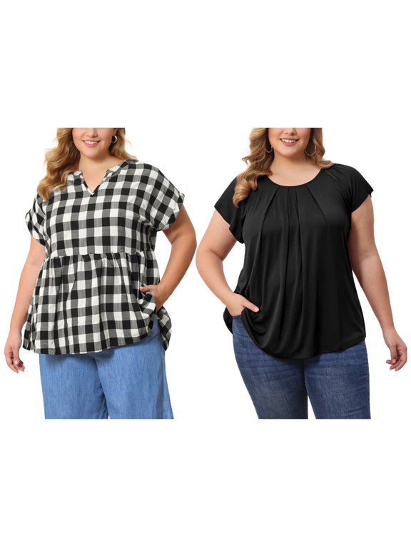 Women's Plus Size Summer Curved Hem Short Sleeve Ruffled Dressy Relaxed 2 Pieces Blouse 2X Black/Black