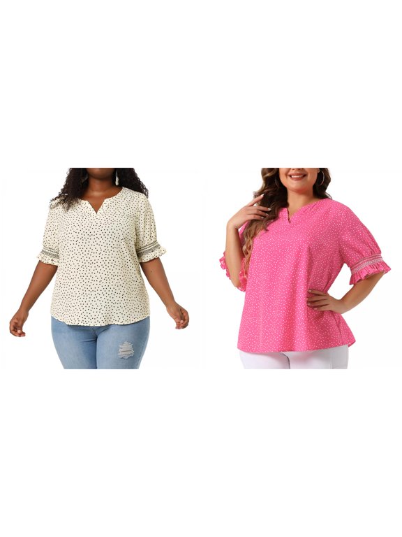 Women's Plus Size Summer Pin Dots Ruffle Short Sleeve V Neck Blouses