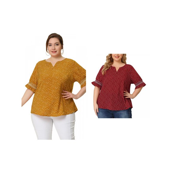 NOMADIC NOOK Women's Plus Size Summer Pin Dots Ruffle Short Sleeve V Neck Blouses