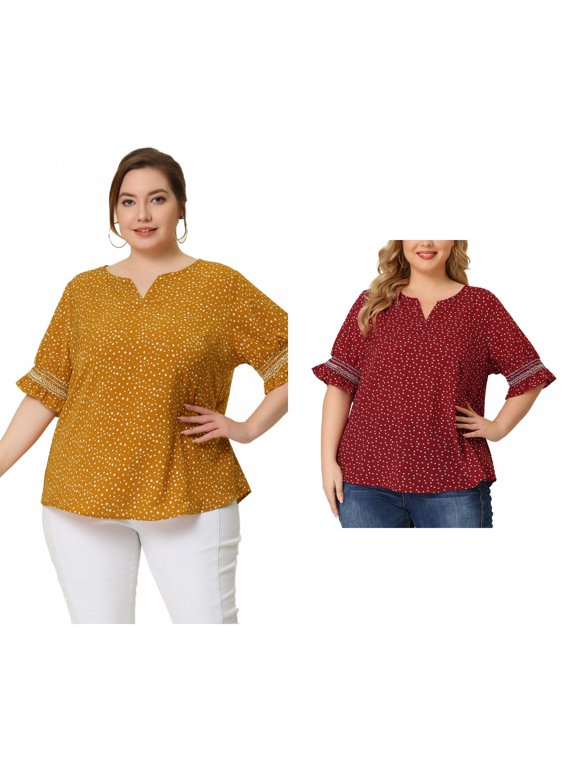 Women's Plus Size Summer Pin Dots Ruffle Short Sleeve V Neck Blouses