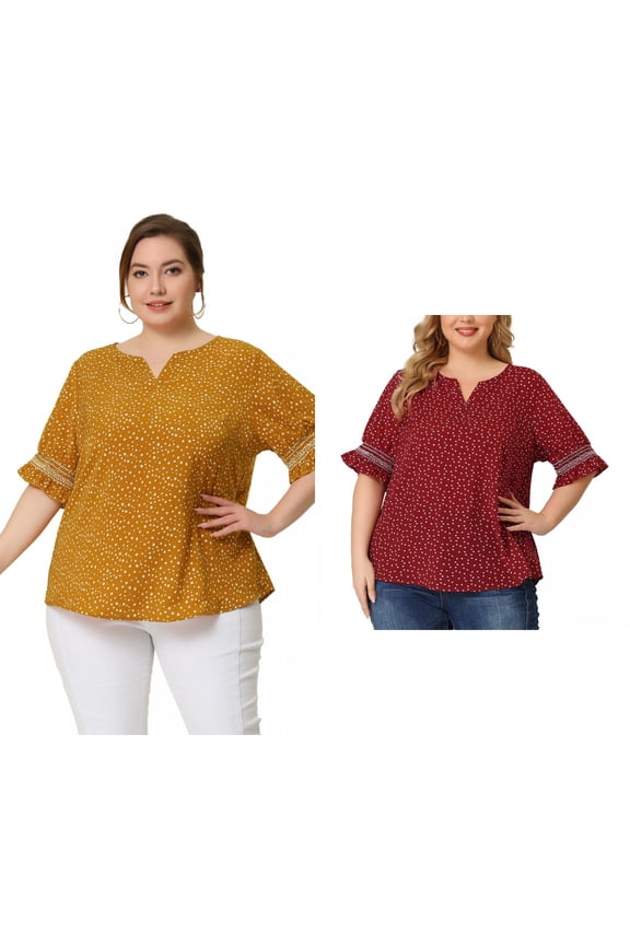 Women's Plus Size Summer Pin Dots Ruffle Short Sleeve V Neck Blouses