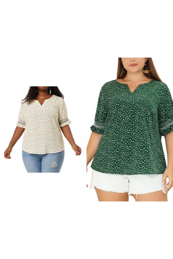 Women's Plus Size Summer Pin Dots Ruffle Short Sleeve V Neck Blouses