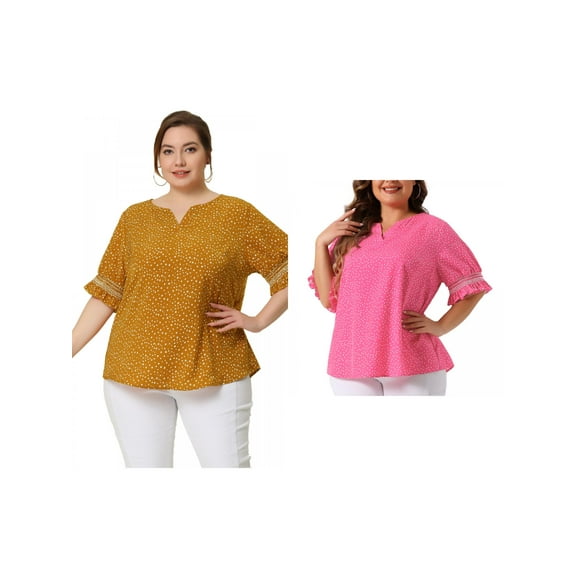 NOMADIC NOOK Women's Plus Size Summer Pin Dots Ruffle Short Sleeve V Neck Blouses