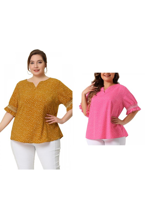Women's Plus Size Summer Pin Dots Ruffle Short Sleeve V Neck Blouses