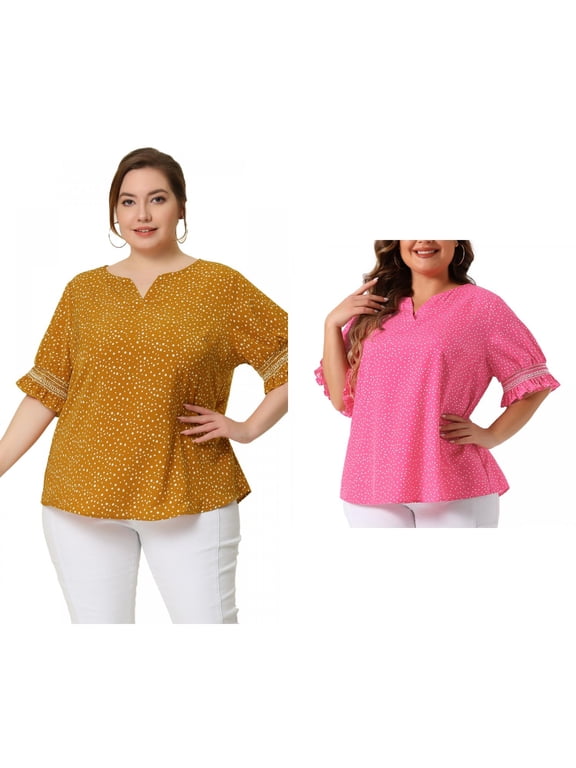 Women's Plus Size Summer Pin Dots Ruffle Short Sleeve V Neck Blouses