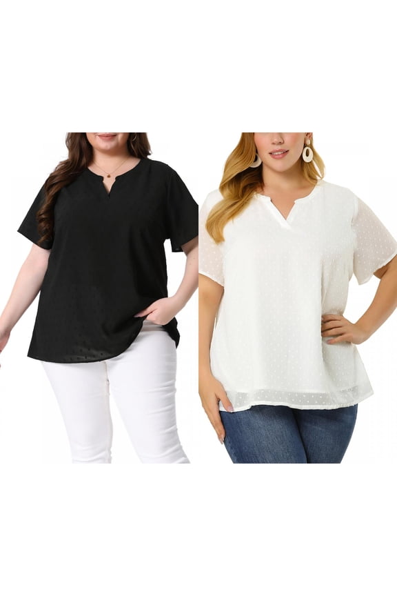 Women's Plus Size Summer Pin Dots Short Sleeve Notched Neck Blouses 1X Black/White