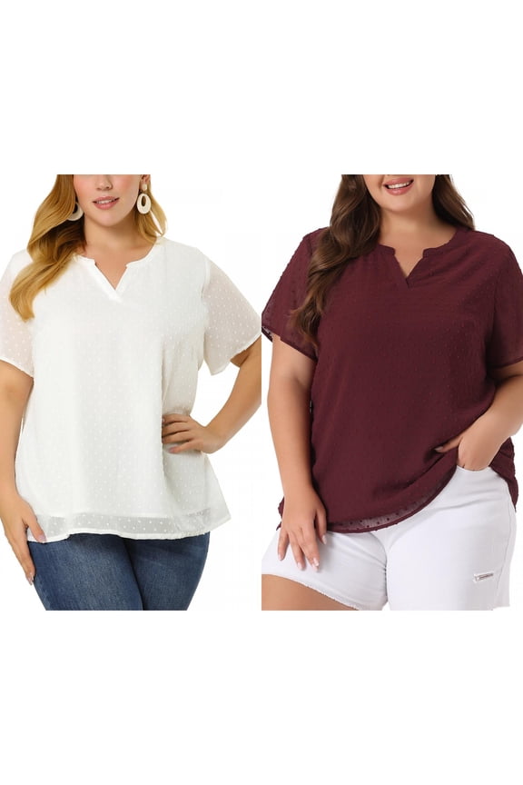 Women's Plus Size Summer Pin Dots Short Sleeve Notched Neck Blouses 1X White/Burgundy