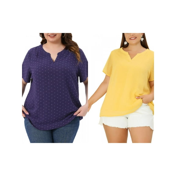 NOMADIC NOOK Women's Plus Size Summer Pin Dots Short Sleeve Notched Neck Blouses 1X Yellow/Dark Blue Purple