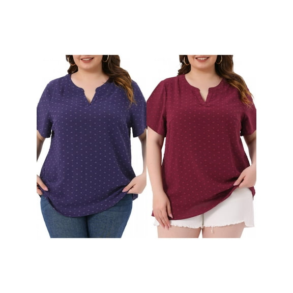 NOMADIC NOOK Women's Plus Size Summer Pin Dots Short Sleeve Notched Neck Blouses 2X Burgundy/Dark Blue Purple