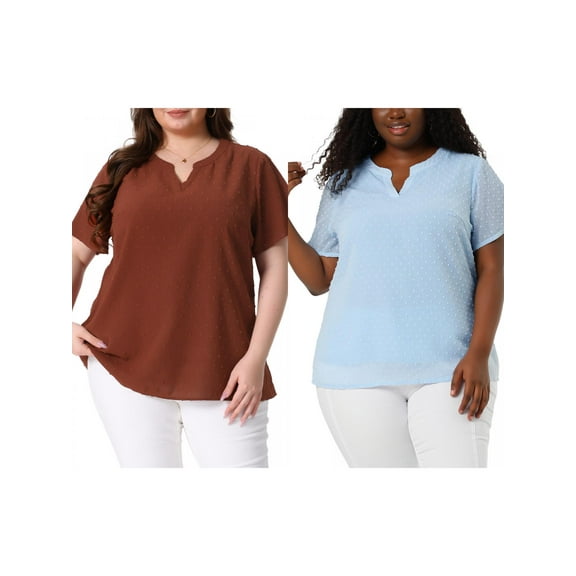 NOMADIC NOOK Women's Plus Size Summer Pin Dots Short Sleeve Notched Neck Blouses 3X Caramel/Blue