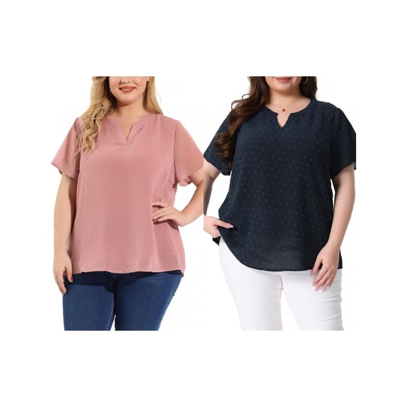 NOMADIC NOOK Women's Plus Size Summer Pin Dots Short Sleeve Notched Neck Blouses 3X Navy Blue/Pink