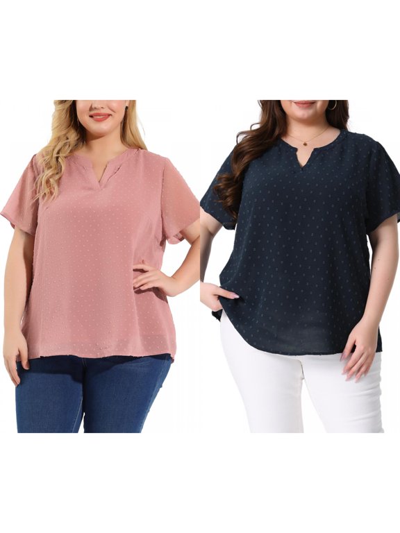 Women's Plus Size Summer Pin Dots Short Sleeve Notched Neck Blouses 3X Navy Blue/Pink