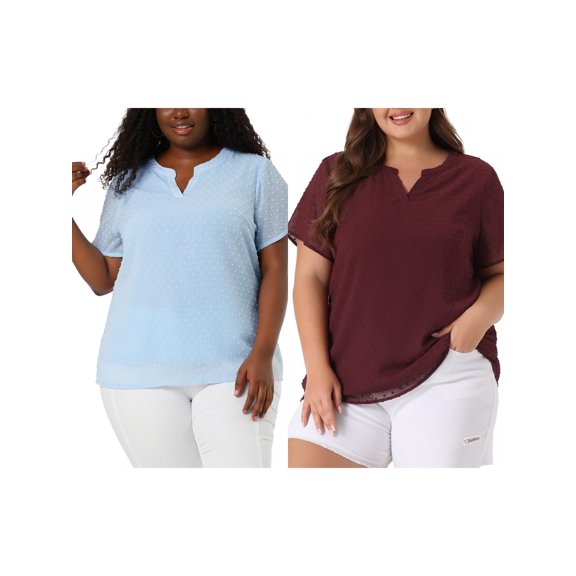NOMADIC NOOK Women's Plus Size Summer Pin Dots Short Sleeve Notched Neck Blouses 4X Blue/Burgundy