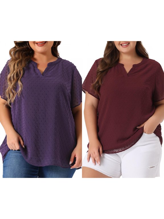 Women's Plus Size Summer Pin Dots Short Sleeve Notched Neck Blouses 4X Burgundy/Dark Blue Purple