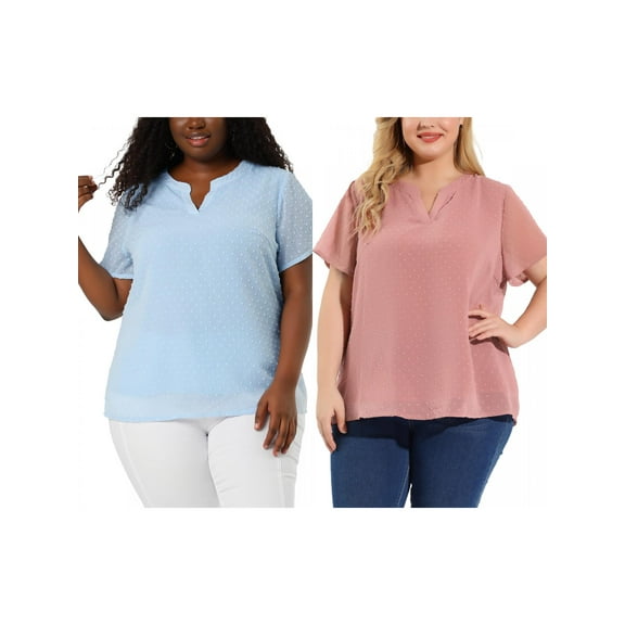 NOMADIC NOOK Women's Plus Size Summer Pin Dots Short Sleeve Notched Neck Blouses 4X Pink/Blue
