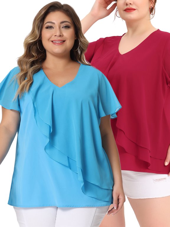 Women's Plus Size Top Short Sleeve Layered Ruffle V Neck Packs Blouses